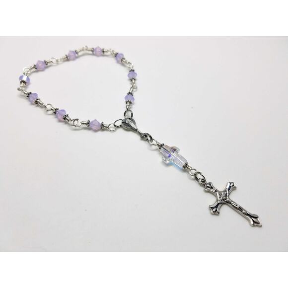 Wire-wrapped Handmade One Decade Rosary, Lilac Opal Crystal Beads - Picture 2 of 10